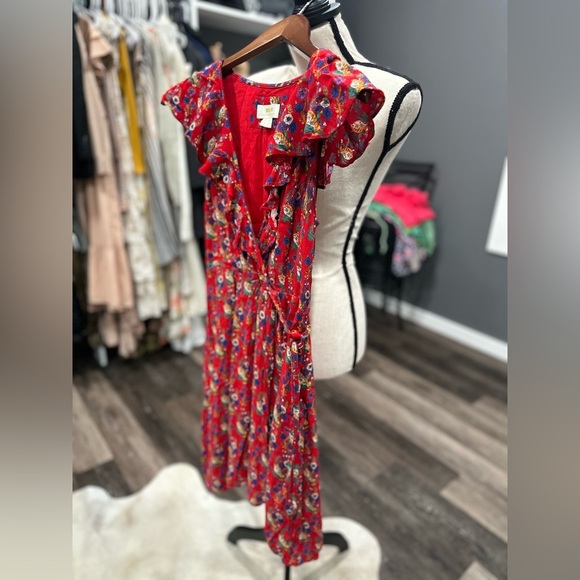 $150 Anthropologie Maeve Wrap Dress Red Floral Rosalia Ruffle Sleeveless Sz 0 - Picture 3 of 11